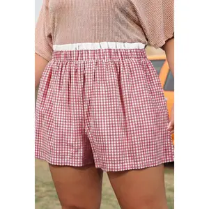 Pink Contrast Trim Plaid Print Plus Size Shorts
