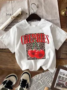 Women's Cherries & Leopard Print Round Neck Tee, Fashion Casual Crew Neck T-Shirt for Daily Holiday Vacation Outdoor Wear, Ladies Clothes for Summer, Top