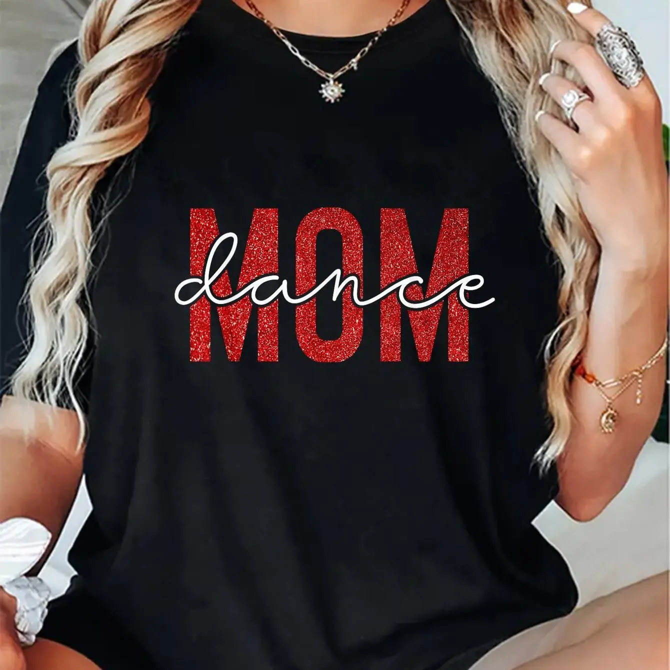 Women's 100% Cotton Vintage Short Sleeve Round Neck Graphic Dance Mom Black T-Shirt with Red & White Letters - Wide Range of Sizes, Comfortable Casual All-Season Tops, Ideal Gift for Moms