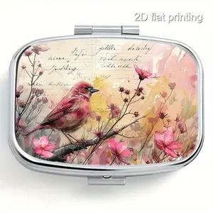 Watercolor Bird and Flower Print Metal Pill Box, Dual Compartment, Travel and Outdoor Carry, Perfect for Pills, Jewelry, Earrings