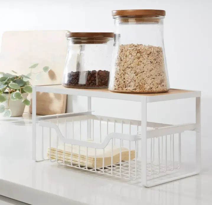 Coffee Bar Organizer with Storage Basket, Kitchen Countertop Organizer for Coffee Station, Pods, Mugs, Snacks & Kitchen Essentials
