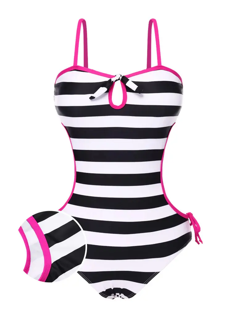 1960s Striped Hollow Bow Swimsuit, Bathing Suitsummer outfits beach essentials vacation outfits BackToSchool