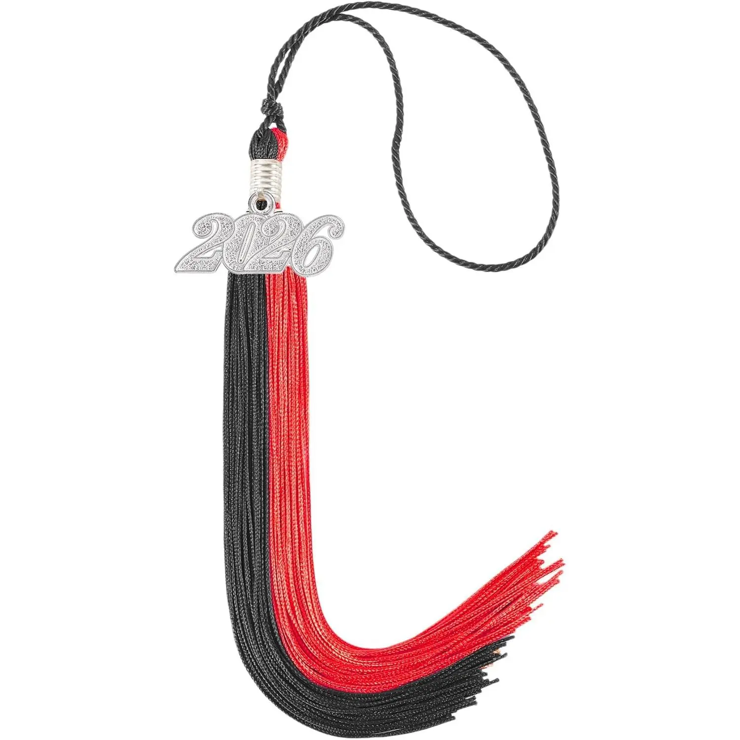 Graduation 2026 Double Color Tassel with Silver Year Charm 9 Inch Black and Red