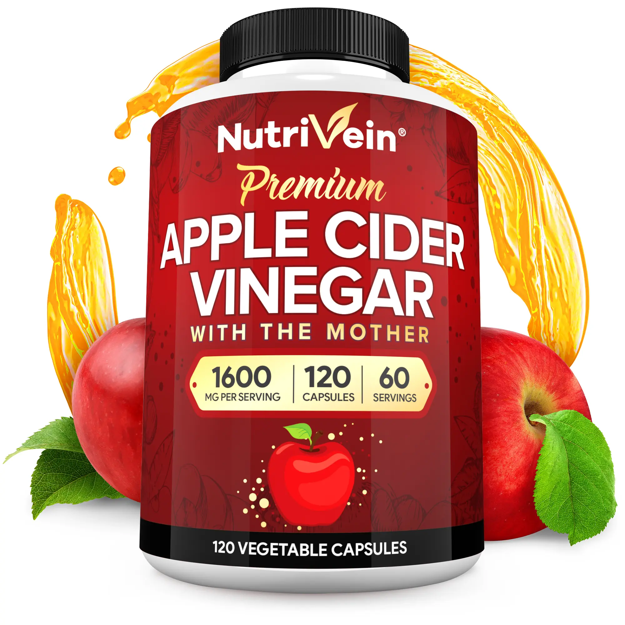 Nutrivein, Apple Cider Vinegar Capsules, Dietary Supplement Formula, Plant-Based Nutrition Support, Fitness & Daily Wellness, 1600mg, 120 Capsules, 2 Capsules Daily