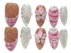 Blooming Wealth Sweet-Style Handmade Press-On Nail Set with Nude Base Pink-and-White Checkered Patterns 3D Cherry Blossoms Gold Accents & Translucent Crystal Bow Tips