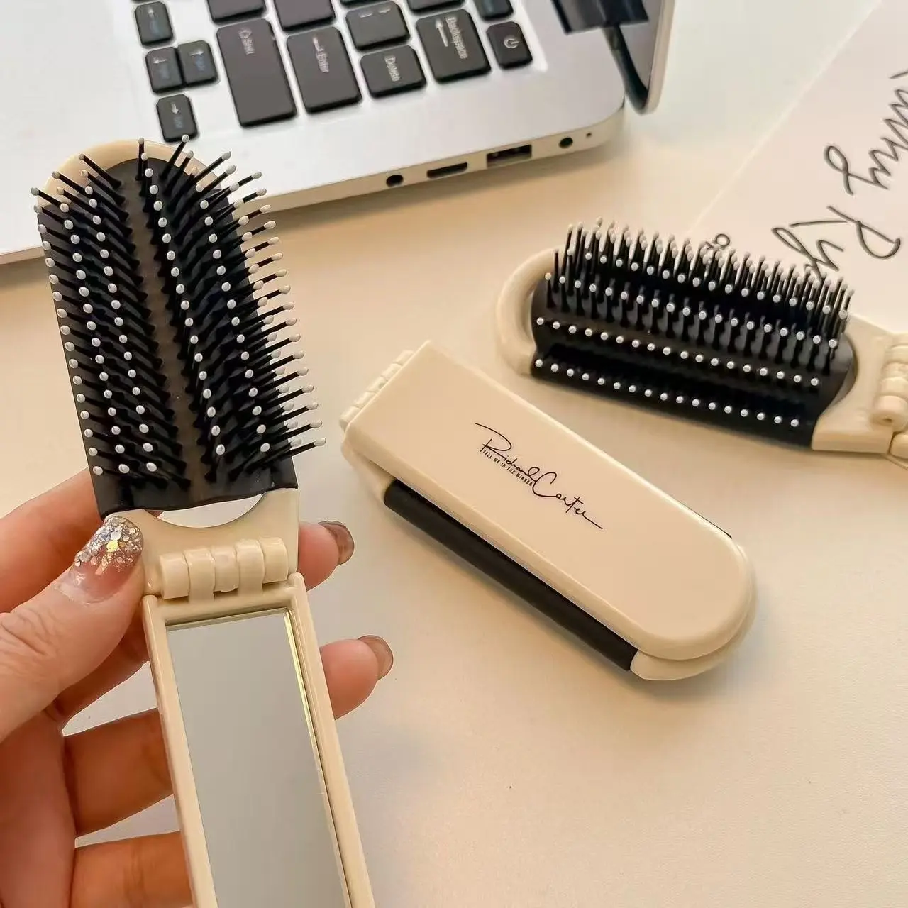 Cream Color Foldable Travel Hair Brush With Mirror - Collapsable Pocket Size Mini Brush, Massage Comb, Compact Styling Tool for Gym, Trip, Purse, Swimming Travel Hairbrush