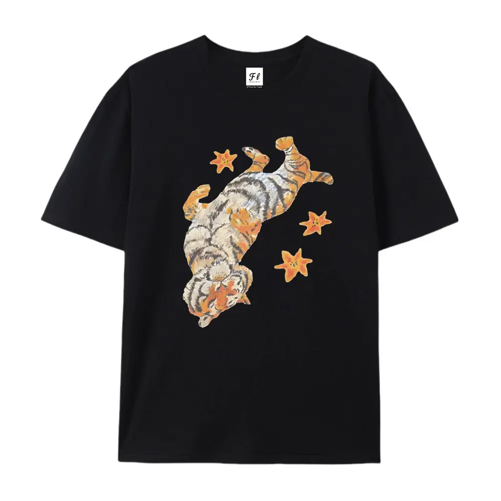 Women's Oversized Round Neck Short-Sleeve Cotton Blend T-Shirt - Unisex Lazy Chubby Tiger Print, Funny Sleeping Animal Graphic, Aesthetic Watercolor Illustration, Kawaii Cottagecore Streetwear Top