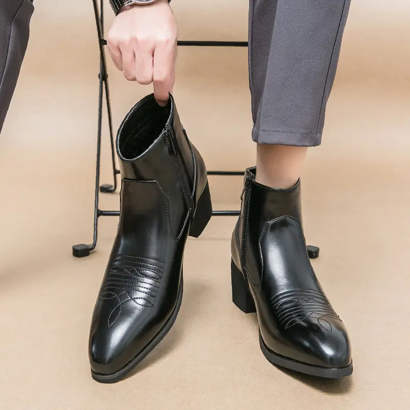 Men’s Narrow PU Leather Chelsea Boots - Synthetic, Classic Retro Thick-Soled, Above-the-Ankle But Below-the-Knee, All-Seasons Business Formal & Stylish Casual Shoes