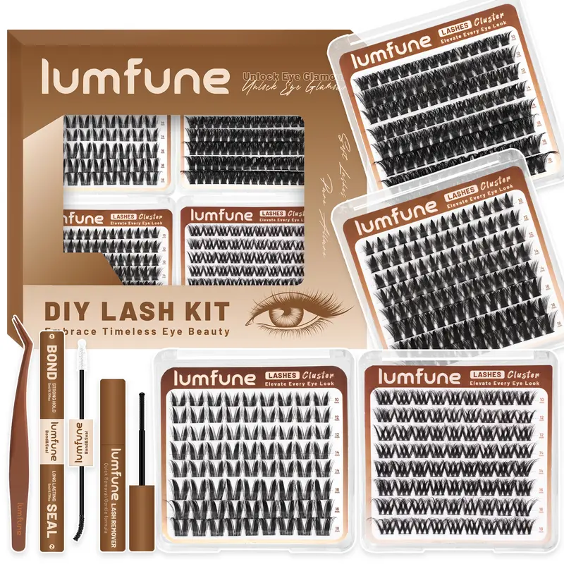 Lumfune - DIY Lash Extension Kit with 4 Styles Cluster Lashes – Bunny, Fairy, Volume & Natural | Easy At-Home Application | Bond & Seal, Lash Remover & Tweezers Included