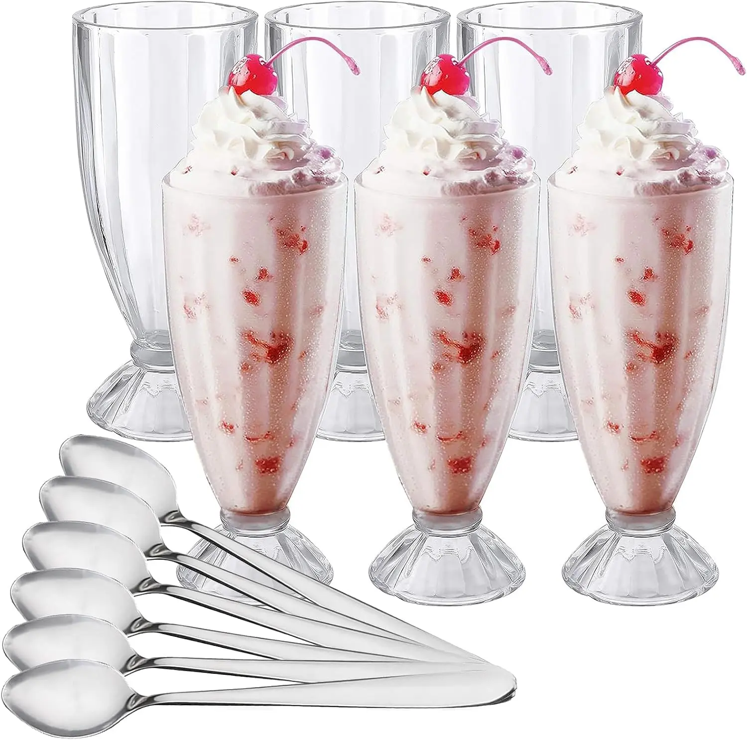 Set of 6 Milkshake Glass, 12oz Old Fashion Sundae Cups, Retro Ice Cream Float Glasses, Heavy Base Soda Fountain Glassware with 6 Long Stainless Steel SpoonsGift.