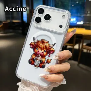 Magnetic Soft Phone Case for iphone 17 Pro Max 16 Plus 15 14 13 12 11 Air XR E Calf's Coffee Wish Pattern Anti-Yellowing Shockproof ultra-thin Silicone Crystal Transparent Acrylic Large Hole Cover Supports Wireless Charging