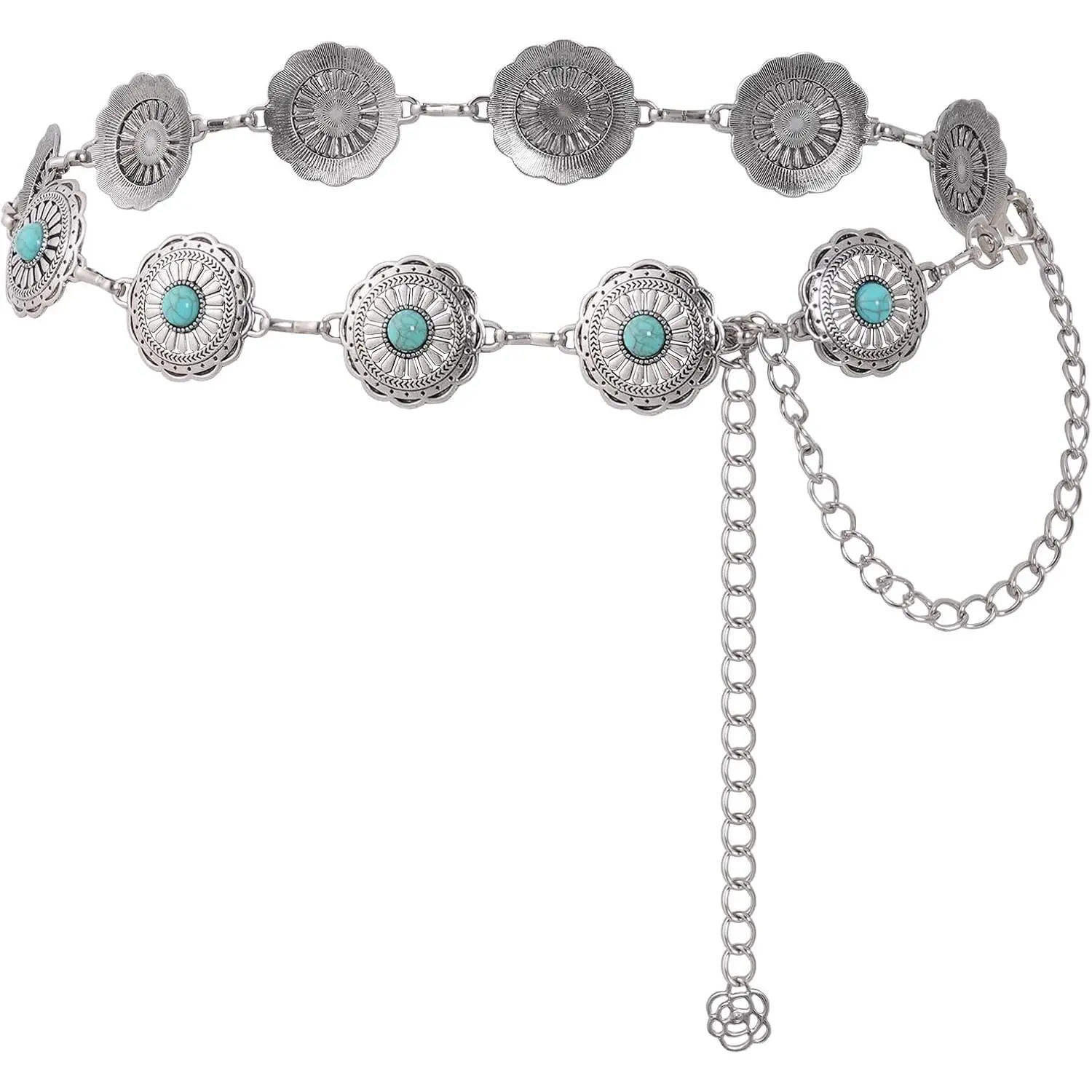 Western Concho Chain Belt Women Cowgirl Turquoise Boho   Metal  Chain Belt for Dresses Jeans