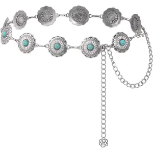 Western Concho Chain Belt Women Cowgirl Turquoise Boho   Metal  Chain Belt for Dresses Jeans
