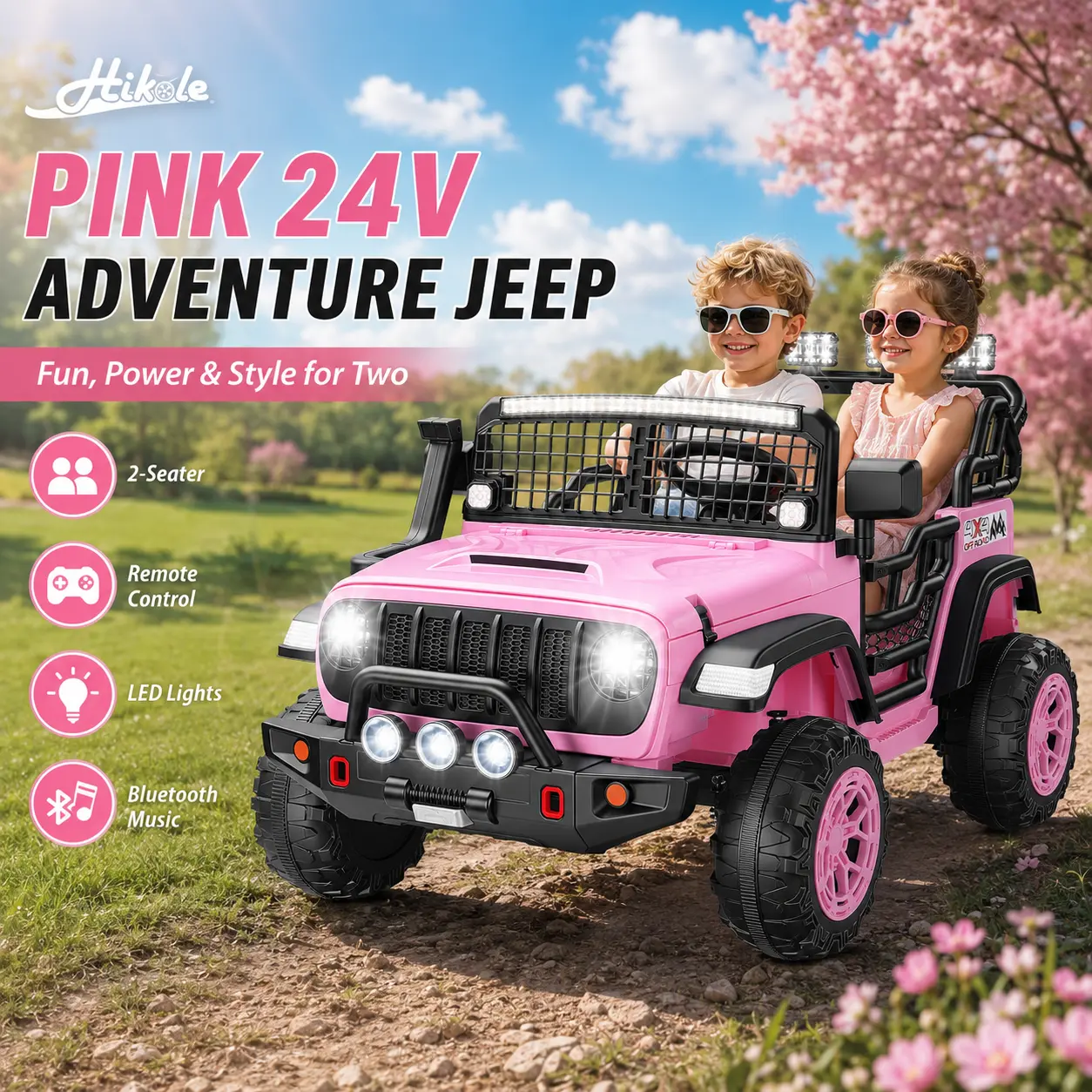 #backtoschool Hikole 24V SUV Rechargeable Electric Ride-On Car for Ages 4+ Yrs Big Kids, 2-Seater with Remote Control, Dual 200W Motors, Wide Seats, 4-Spring Suspension, Bluetooth Audio, Bright LED Headlights, 3 Speeds, 110 lbs (50 kg) Capacity for Outdoo
