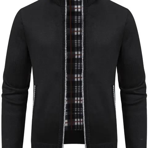 Men's Plain Pocket Zipper Medium Stretch Cardigan, Fitted Regular Fit Casual Long Sleeve Stand Collar Knit Tops Outerwear for Fall & Winter, Fashion Men's Knitwear for Daily Wear