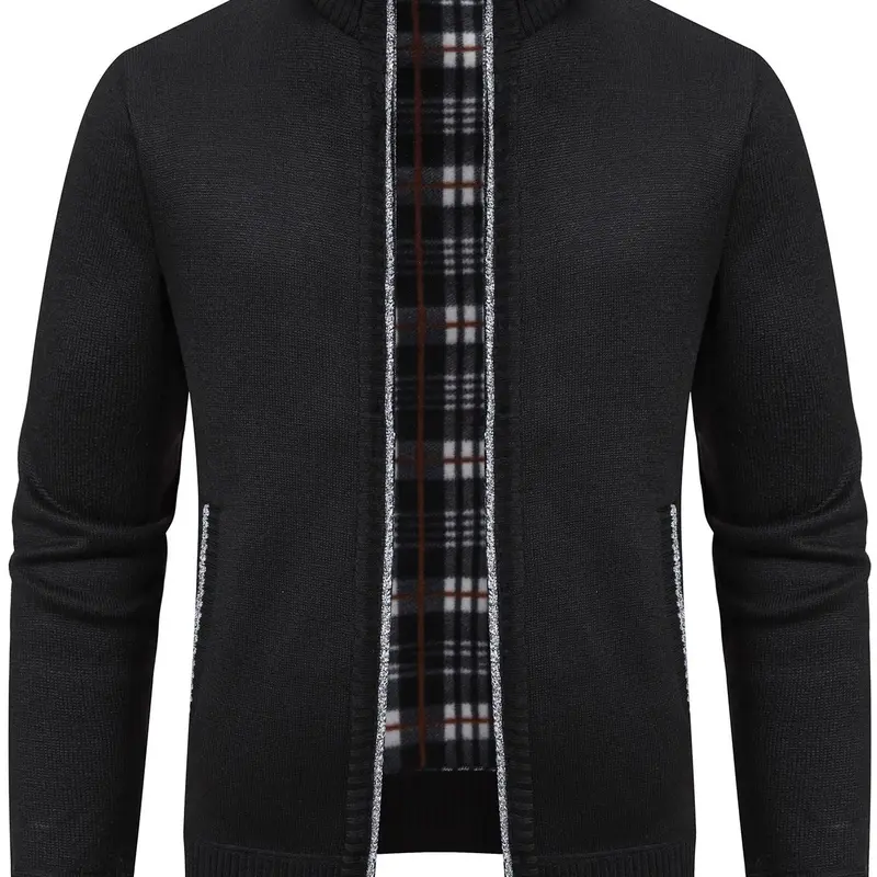 Men's Plain Pocket Zipper Medium Stretch Cardigan, Fitted Regular Fit Casual Long Sleeve Stand Collar Knit Tops Outerwear for Fall & Winter, Fashion Men's Knitwear for Daily Wear