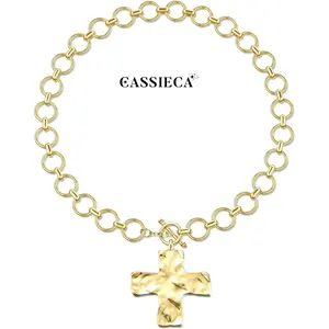 CASSIECA Gold Plated Chunky Necklace for Women Sweatproof Non Tarnish Chunky Cross Necklaces Thick Gold Layering Hammered Bold Necklace Stacks Toggle Necklaces for Women