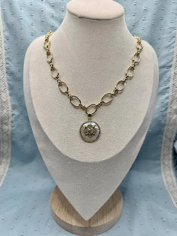 Vintage Golden Glow Mother-of-Pearl Medallion Necklace with Floral Accents, 18" Chain, Everyday Glam Costume Jewelry Accessory
