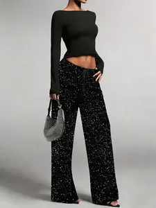 Women's High Waist Wide Leg Pants, Sparkling Sequins Design, Loose Fit Straight Leg, Versatile Casual Wear, Comfortable and Stylish, Elegant
