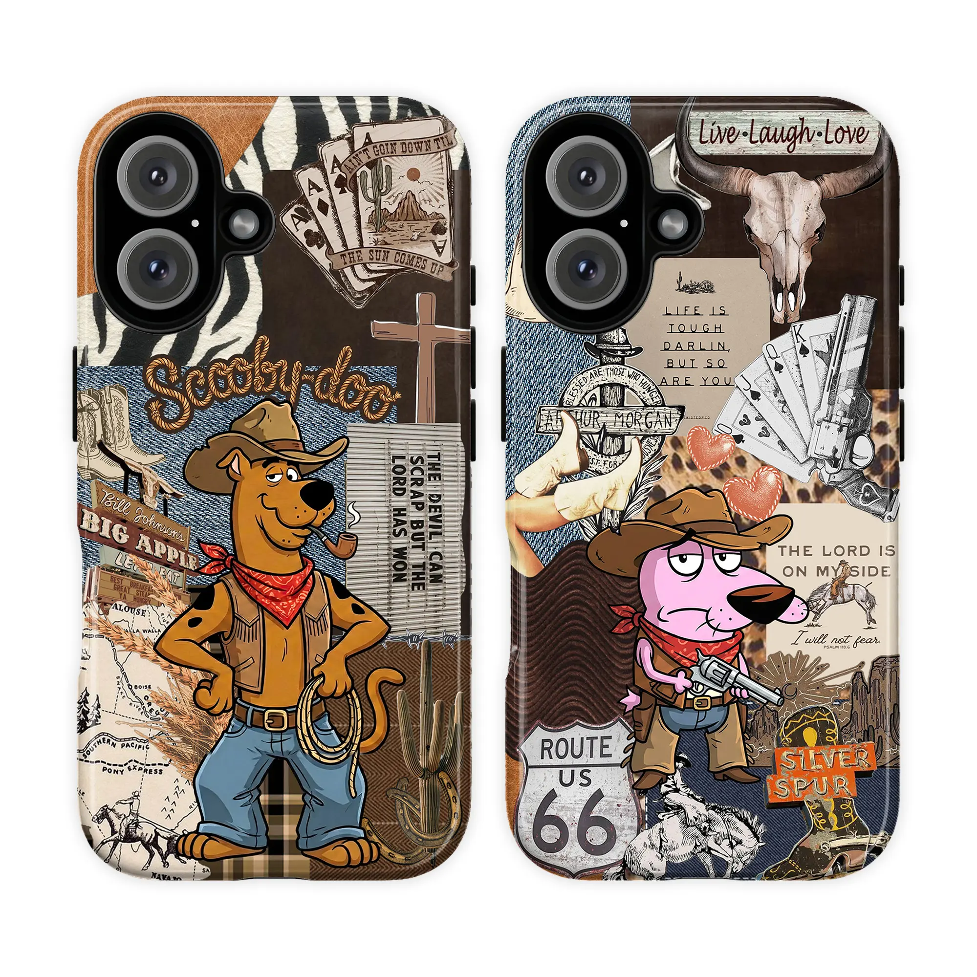 Cowboy Scooby Doo & Courage Phone Case - Colorful Cartoon Protective Cover, Gift for Her, Gift for Him, Cute Dog Cartoon Phone Cover for iPhone 17 16 15 14 13 12 11, VHS Cartoon Movies Tough Cas