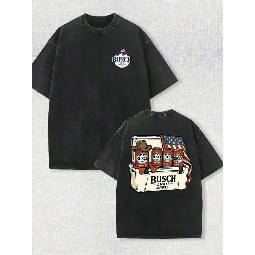 2026 New Men’s 100% Cotton Oversized T-shirt, vintage acid wash finish, “Busch Light Apple” cooler & cowboy hat graphic print, Americana streetwear