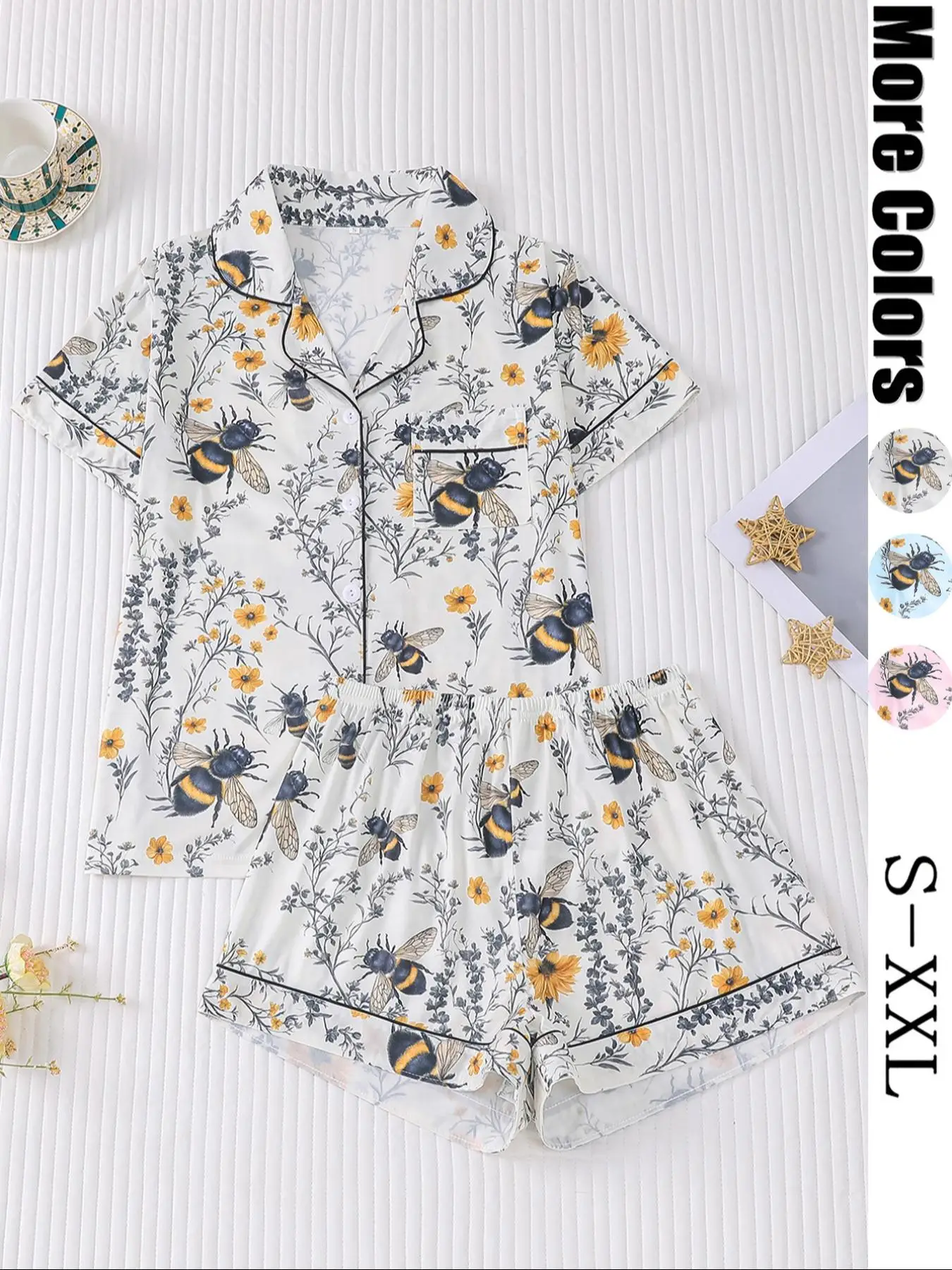 Women's All Over Plants & Bee Print Short Sleeve Pajama Two-piece Set, Elegant Casual Comfy Button Front Chest Pocket Design Lapel Neck Top & Elastic