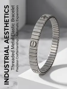 Industrial Style Stainless Steel Striped Screw Decor Elastic Bracelet, Unisex Daily Wear Bangle Jewelry, Perfect Gift for Men and Women