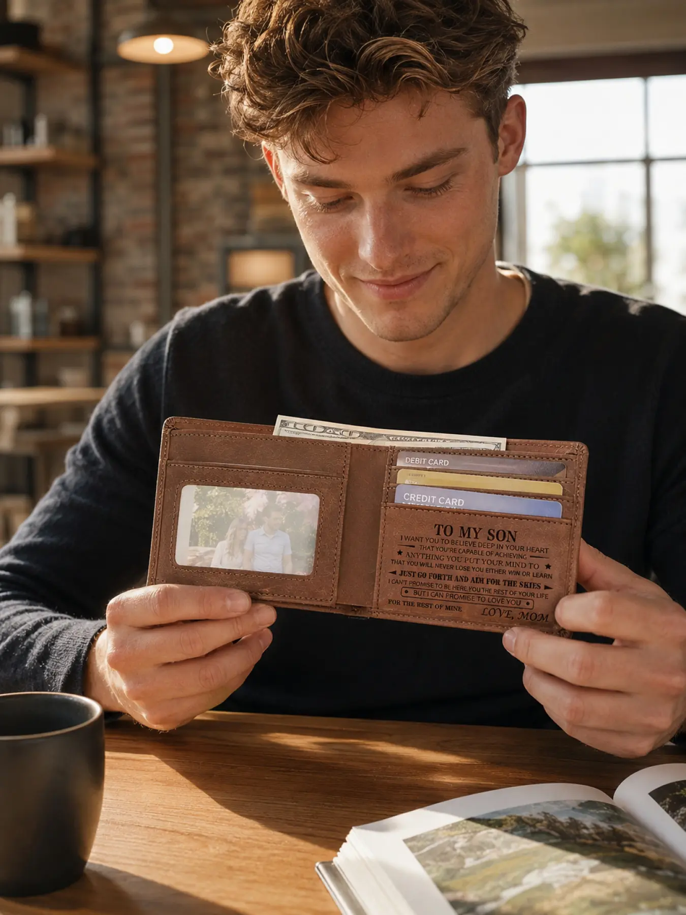 Premium Leather Son Wallet with Loving Message from Mom, Slim Bifold Wallet for Men with Card Holder and Cash Pocket, Cool Christmas Halloween Easter Birthday Graduation Gift for Son, Trendy Gift for Boyfriend Husband Teen Boys College Essentials Wallet