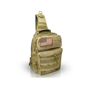 Tactic Ops Tactical Military Sling Bag - Range Bag - Diaper Bag Beige with American Flag Patch and MOLLE Webbing for Quick Access and Secure Storage