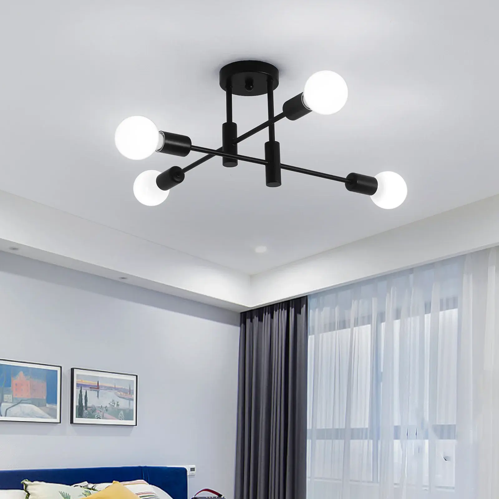 Garwarm Black Semi Flush Mount Ceiling Light Fixture, 4-Light Modern Industrial Sputnik Chandelier Light Fixture, Flush Mount Ceiling Lamp for Kitchen Dining Room Bedroom Foyer Entryway Hallway Closet