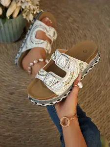 Tiffany Blue Rhinestone Thick Sole Slippers, Fashionable PU Leather Low Ankle Sandals, Perfect for Street Style and Vacation