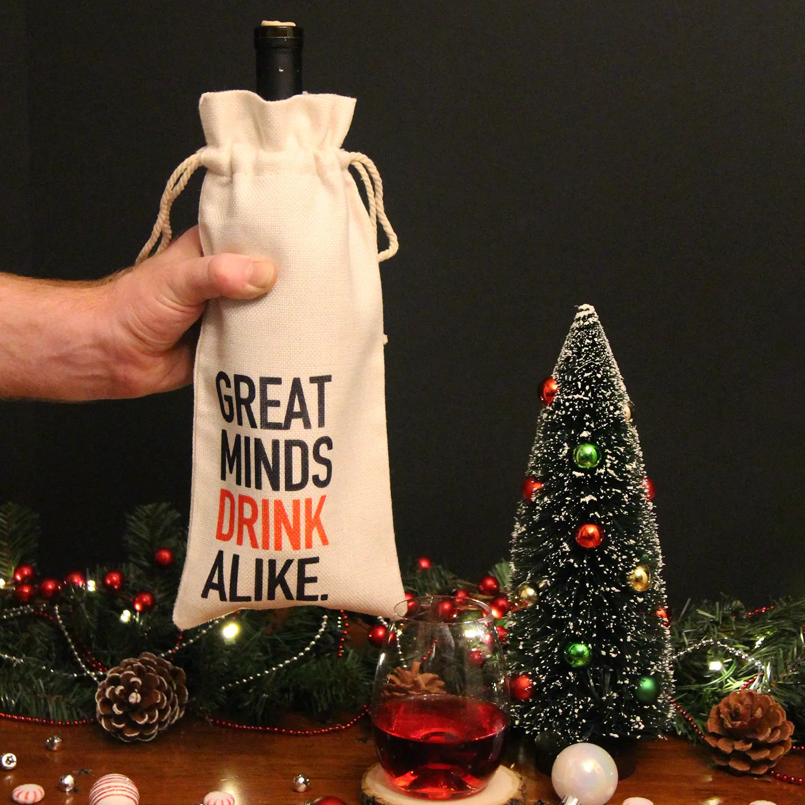 Great Minds Drink Alike Wine Bottle Bag - Liquor Sublimation Printed Bottle Bag - Festive Canvas Bag - Liquor Gifting Bag - Celebration Bag