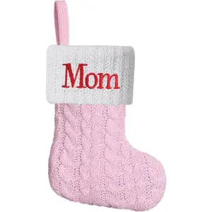 Mini Pink Knit 8.5 Inches Initial Monogram Embroidered Christmas Stocking Family Fireplace Hanging Ornament Xmas Holiday Decor Gift for Mom