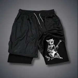 A Rock Cat Playing The Guita  - Unisex Shorts Oversized Double Layer Sports Shorts with Elastic Waistband , Funny Design