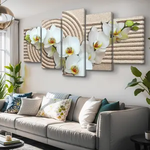 youkiswallart 5 Piece Living Room Wall Art White Butterfly Orchid Brown Wall Art Large Abstract Pictures Canvas Print Wall Painting Modern Artwork Wall Décor for Bedroom Office