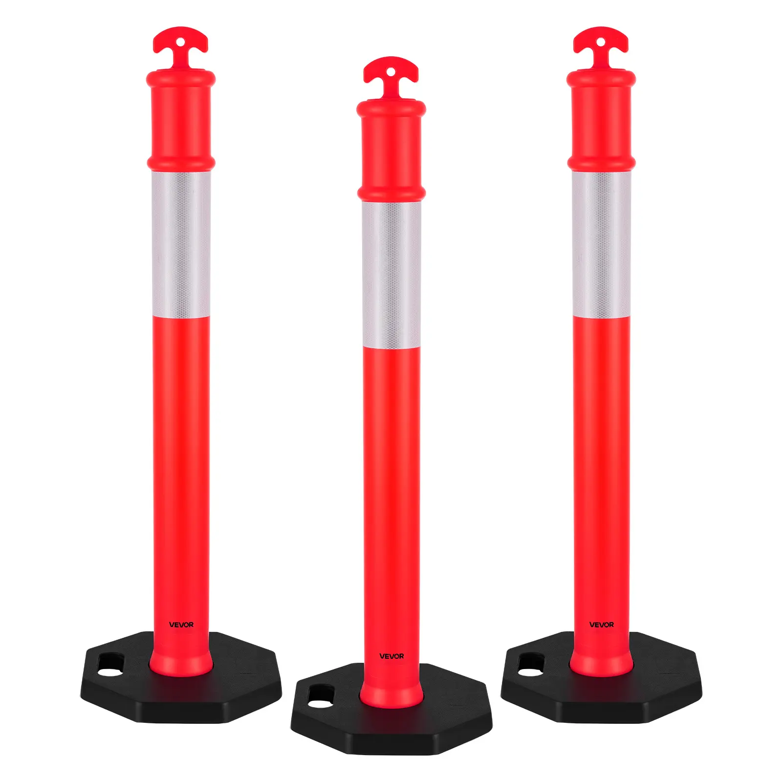 VEVOR 3-Pack 45-in Traffic Delineator Posts, Heavy-Duty Hi-Visibility Rubber-Coated Safety Cones with Octagonal Weighted Base, Reflective Strips & Arrow-Top, Wind-Resistance Construction Gear for Traffic Control [Father's Day Gift]
