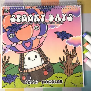JESSi DOODLES Spooky Days Spiral Coloring Book - 30 Haunting Scenes on Single Sided Pages for Kids & Adults - Perfect for Halloween & Year-Round Cuteness