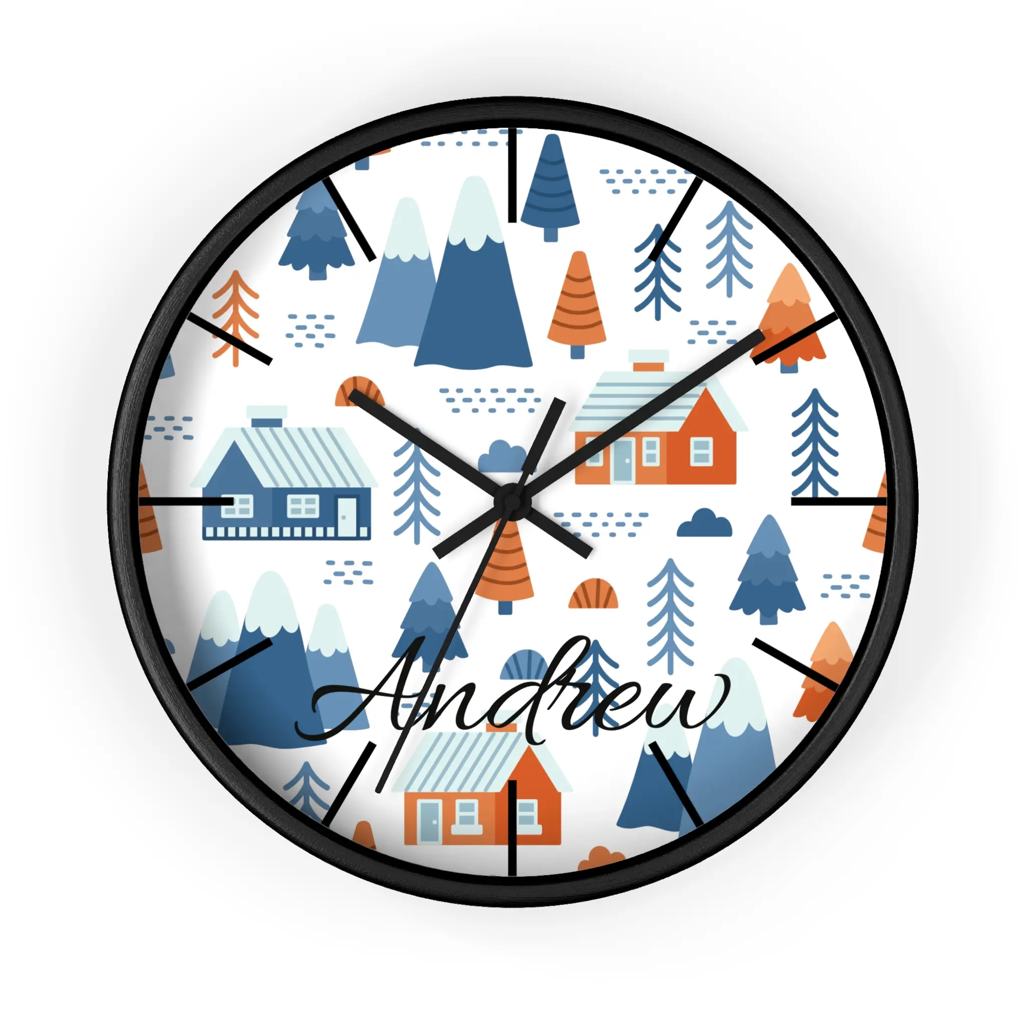 Wooden Cozy Mountain Cabins Print Wall Clock, Personalized Name Accent, Lightweight Hanging Home Decor, Room Decor