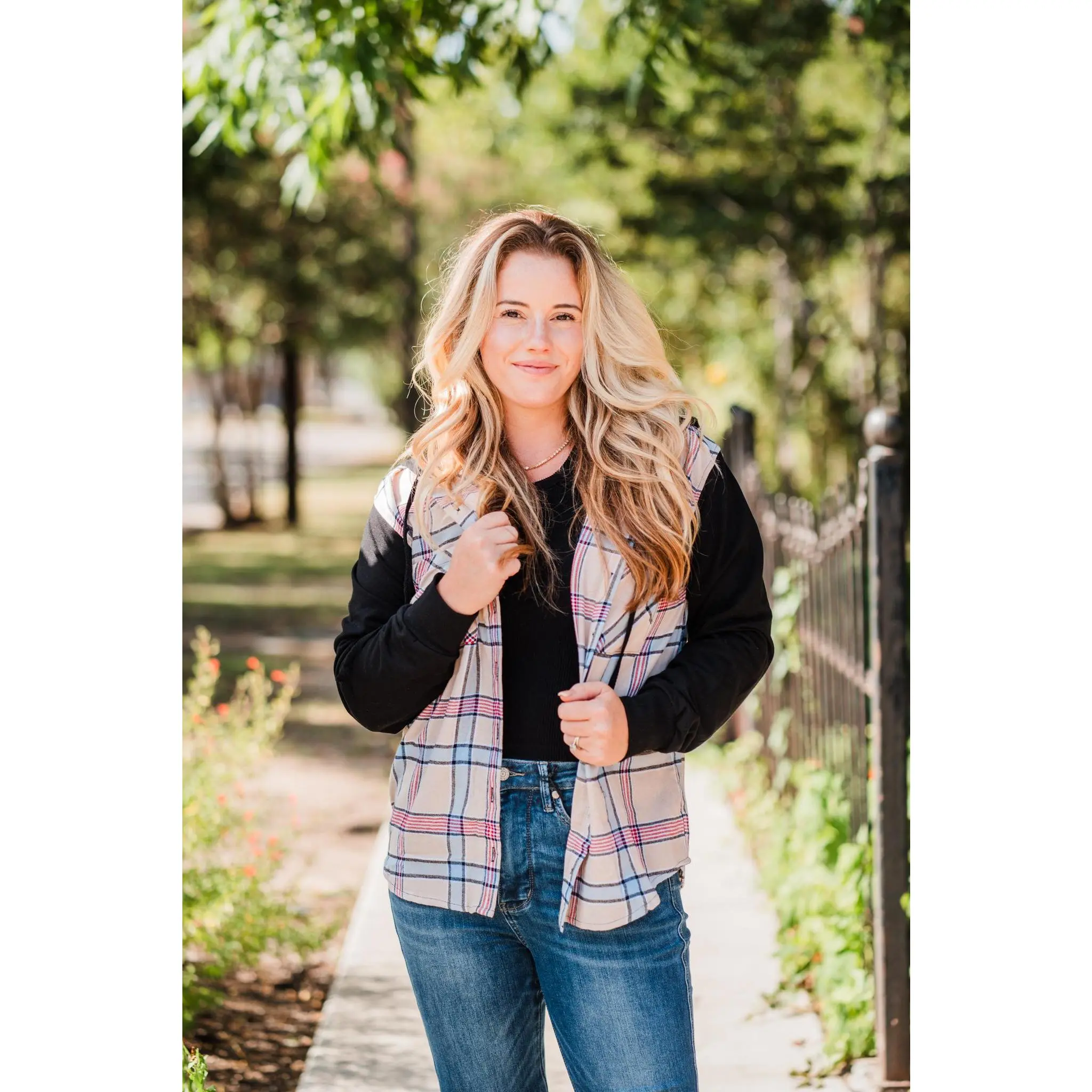 Tan/Red/Blue Plaid Hooded Flannel Shirt