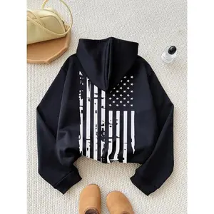 Women’s Flag Print Drawstring Pocket Hoodie, Fashionable Casual Hooded Sweatshirt for Everyday Outdoor Wear, Women’s Clothing for Autumn and Winter