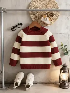 Boys' Striped Knit Heavy Weight Sweater Pullover, Long Sleeve Round Neck Casual Top, Fall & Winter Fashion, Christmas Party Wear