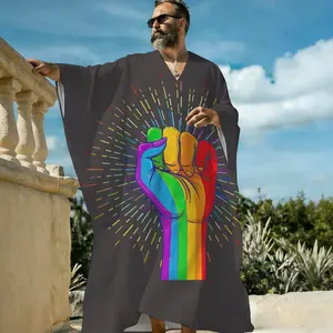 Men's V-Neck Pullover Summer Loose Rainbow Fist Print Kaftan Long Robe, LGBTQ+ Pride Raised Fist Graphic Lightweight Beach Cover Up, Breathable Short Sleeve Resort Lounge Sleep Shirt for Men