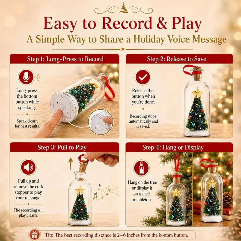 Recordable Christmas Message in a Bottle Ornament 8 Inch Voice Recording Holiday Keepsake with Playback Snowy Christmas Tree Scene Glass Bottle Decoration for Tree Home and Gift