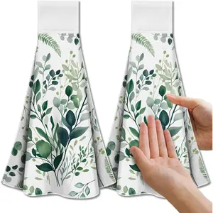 Watercolor Green Leaves  Kitchen Towels with Loop, Set of 2 - Soft & Super Absorbent Microfiber Decorative  Dish & Hand Towel,  Coffee Towel for Kitchen Bathroom Oven Handle