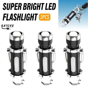 3-Pack Ultra-Bright LED Hanging COB Flashlights — Mini Keychain Torches with Adjustable Beam, 7 Lighting Modes, USB Rechargeable, Portable & EDC-Friendly — Ideal for Outdoors, Camping, Patrols, Cycling, Fishing, Home Use, and Gifting