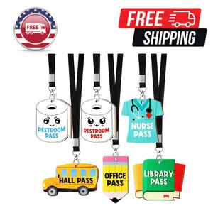 6 Sets Hall Pass Lanyards and School Passes Set Unbreakable Wooden Bathroom Passes