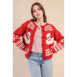 Cute Swan Oversized Graphic Casual Knit Sweater Cardigan