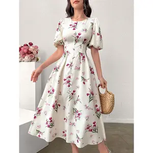 Women's Floral Print Puff Sleeve Dress, Elegant Short Sleeve A Line Dress for Party Holiday Wedding Guest, Ladies Clothes for All Seasons, Womenswear, Shortsleeve, Formal Dresses Women, Wedding Gown, Elegance