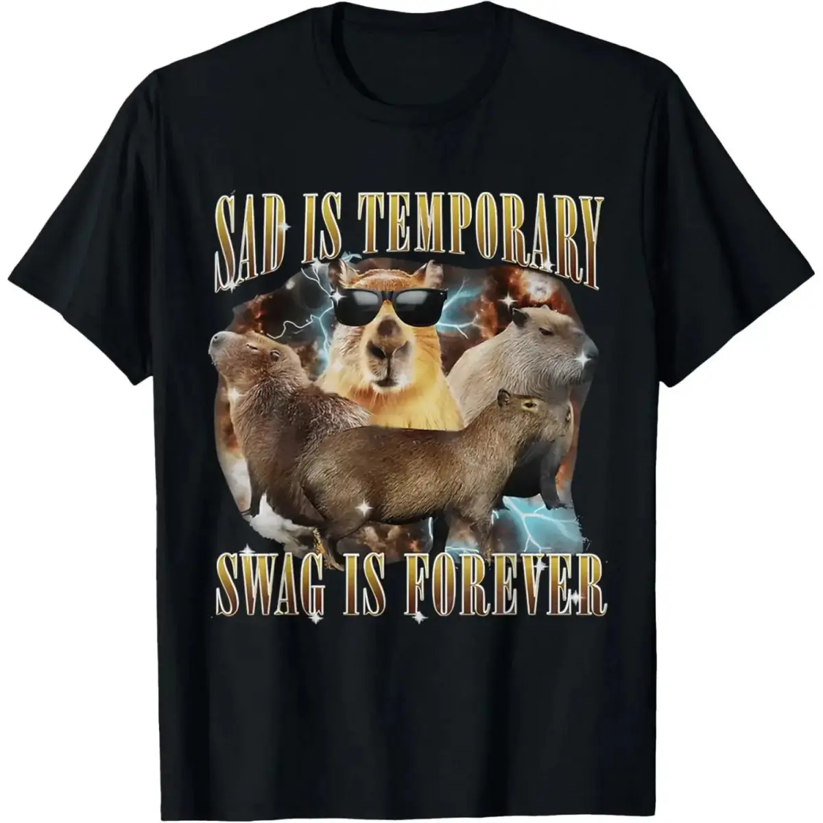 Women's Vintage Graphic T-Shirt with Capybara Animals Print, Oversized Breathable Cotton Shortsleeve Streetwear, Ribbed Round Neck