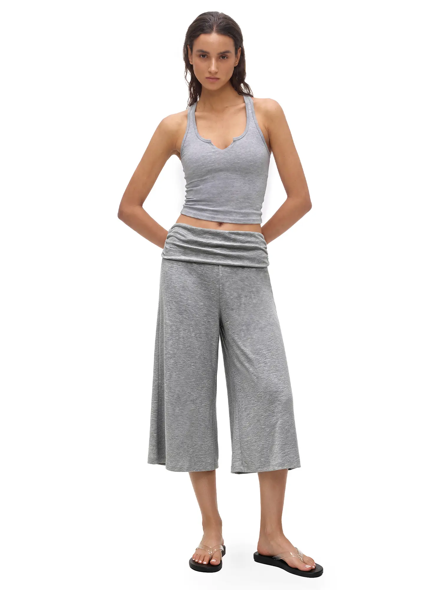 FDR Women's Foldover Waistband Wide Leg Capri Pants Soft Flowy Yoga Lounge Cropped Trousers Activewear